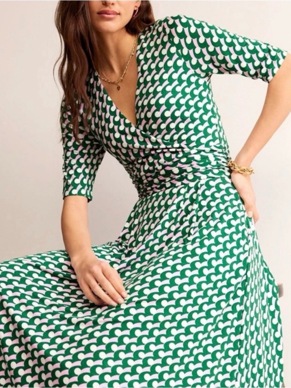 Boden Green and White Geometric Wrap-Style Midi Dress